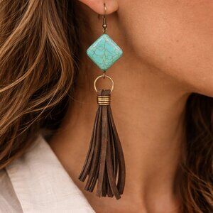 Turquoise Dark Brown Genuine Leather Western Tassel Earrings